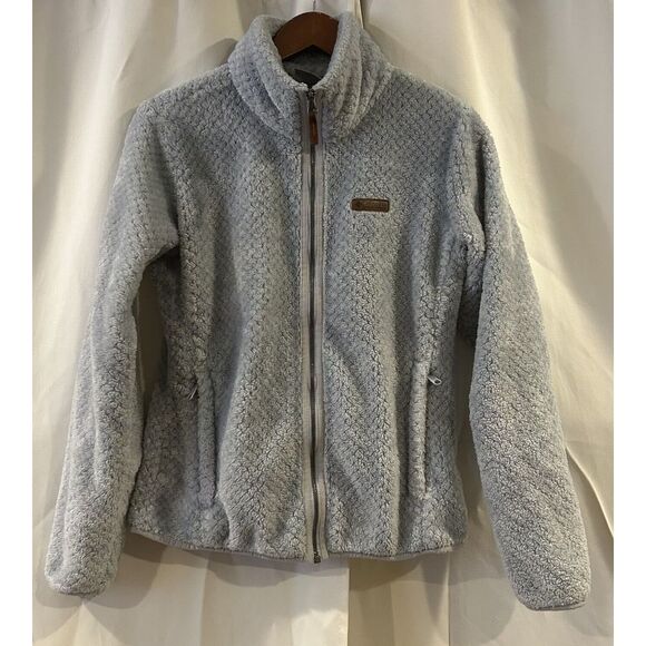 Columbia Womens Fleece Jacket Gray/Blue‎ Textured Full Zip Pockets Mock Neck L - Picture 1 of 6